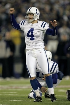 Photo Adam Vinatieri Kicks 5 FGs to Beat Ravens Indianapolis Colts kicker Adam Vinatieri reacts to his third quarter field goal during the AFC divisional playoff football game against the Baltimore Ravens in Baltimore Saturday, Jan. 13, 2007. (AP Photo/Chris Gardner)
